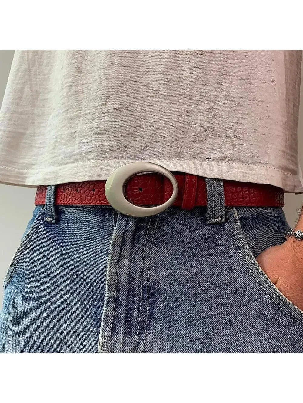 Y2k 2000s style Silver opal belt buckle with Red crocodile style leather. 39 inc
